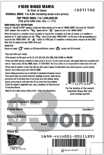 Image of Back of Bingo Mania Ticket