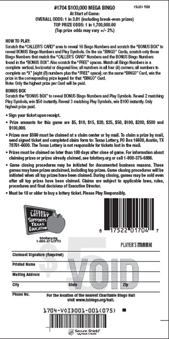 Image of Back of $100,000 Mega Bingo Ticket