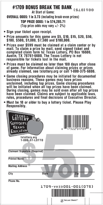 Image of Back of Bonus Break The Bank Ticket