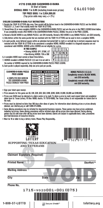 Image of Back of $100,000 Cashword-O-Rama Ticket