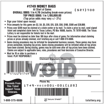 Image of Back of Money Bags Ticket