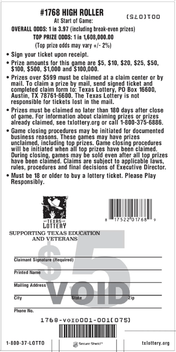 Image of Back of High Roller Ticket