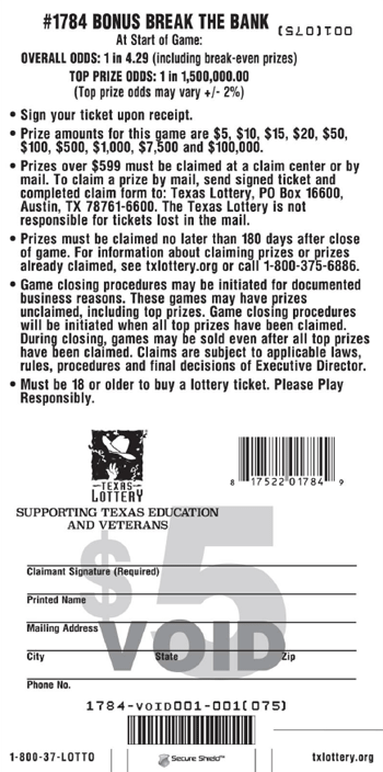 Image of Back of Bonus Break the Bank Ticket