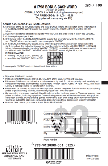 Image of Back of Bonus Cashword Ticket