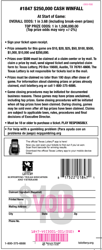 Image of Back of $250,000 Cash Winfall Ticket