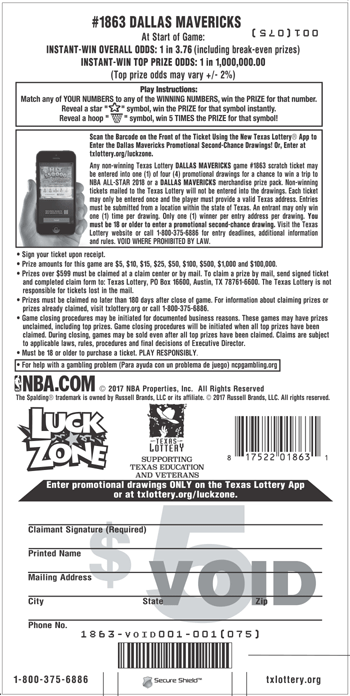 Image of Back of Dallas Mavericks Ticket