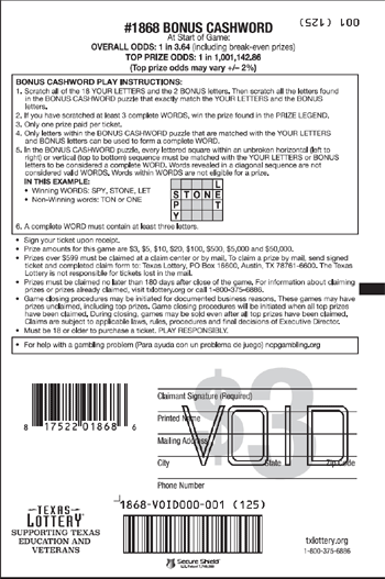 Image of Back of Bonus Cashword Ticket