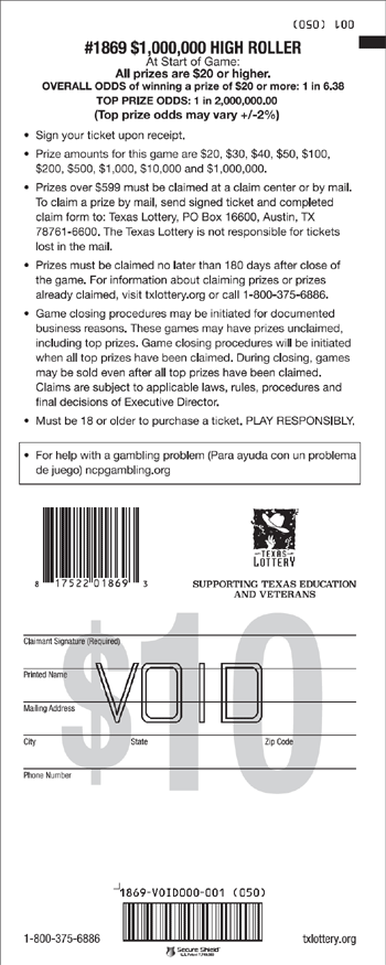 Image of Back of $1,000,000 High Roller Ticket
