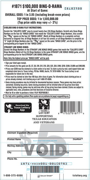 Image of Back of $100,000 Bing-O-Rama Ticket