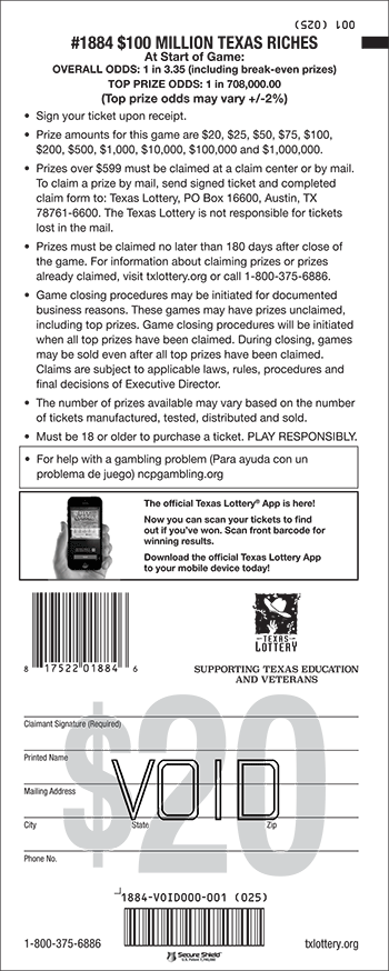Image of Back of $100 Million Texas Riches Ticket