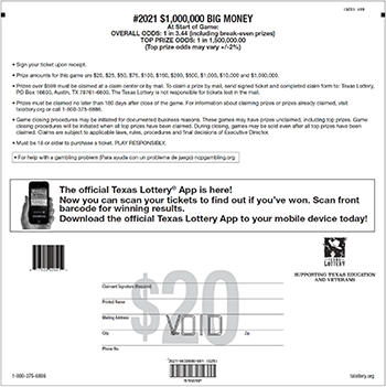 Image of Back of $1,000,000 Big Money Ticket