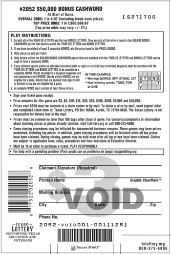 Image of Back of $50,000 Bonus Cashword Ticket