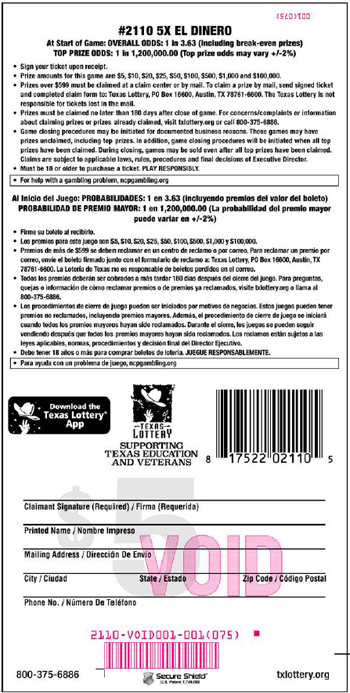 Image of Back of 5X El Dinero Ticket