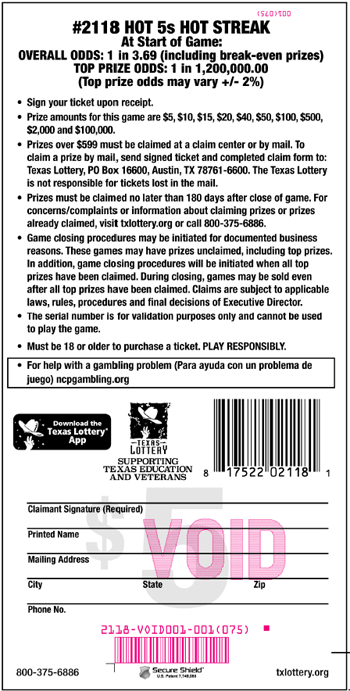 Image of Back of Hot 5s Hot Streak Ticket