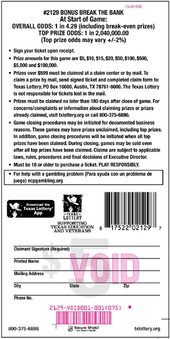 Image of Back of Bonus Break The Bank Ticket
