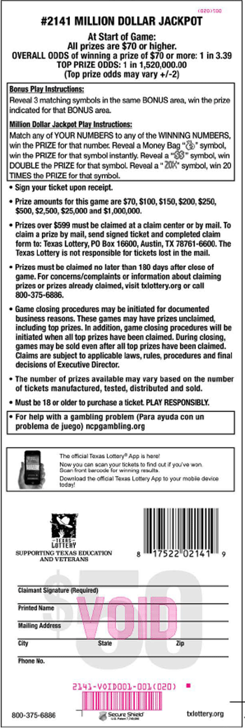Image of Back of Million Dollar Jackpot Ticket