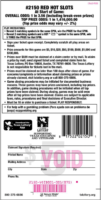 Image of Back of Red Hot Slots Ticket