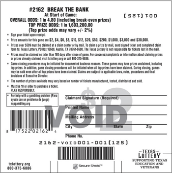 Image of Back of Break the Bank Ticket