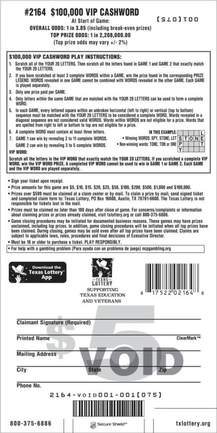 Image of Back of $100,000 VIP Cashword Ticket