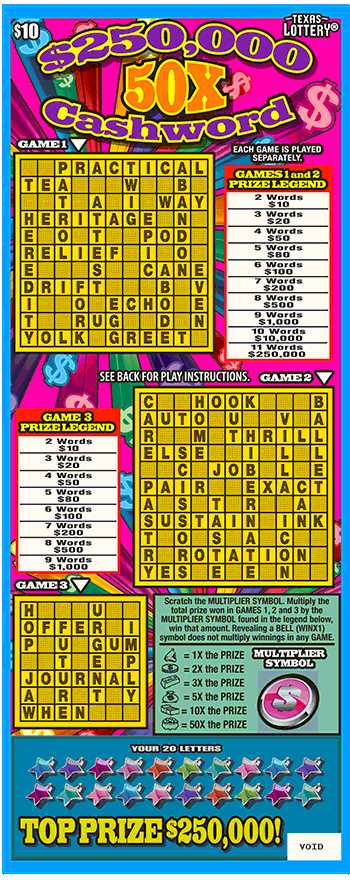 Image of Front of $250,000 50X Cashword Ticket