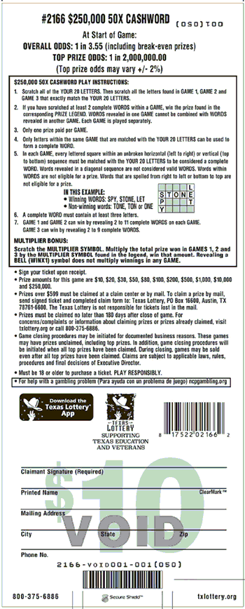 Image of Back of $250,000 50X Cashword Ticket