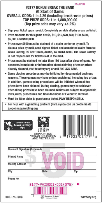 Image of Back of Bonus Break The Bank Ticket