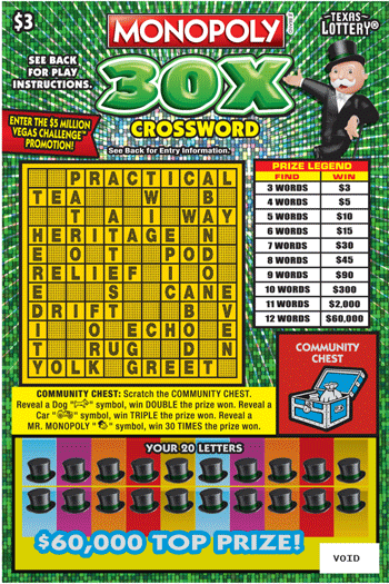 Image of Front of Monopoly™ 30X Crossword Ticket