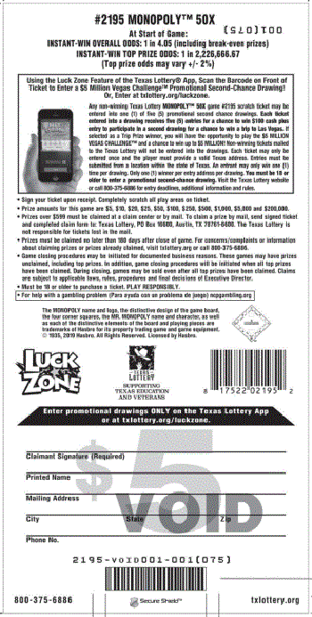 Image of Back of Monopoly™ 50X Ticket