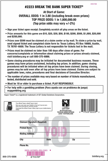 Image of Back of Break the Bank Super Ticket® Ticket