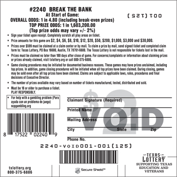 Image of Back of Break the Bank Ticket