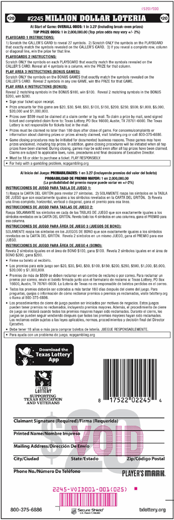 Image of Back of Million Dollar Loteria Ticket