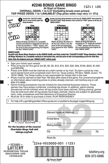 Image of Back of Bonus Game Bingo Ticket
