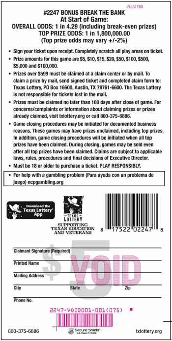 Image of Back of Bonus Break the Bank Ticket
