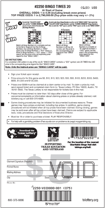 Image of Back of Bingo Times 20 Ticket