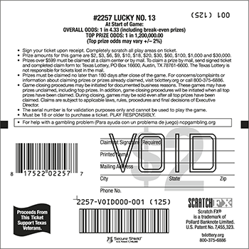 Image of Back of Lucky No. 13 Ticket