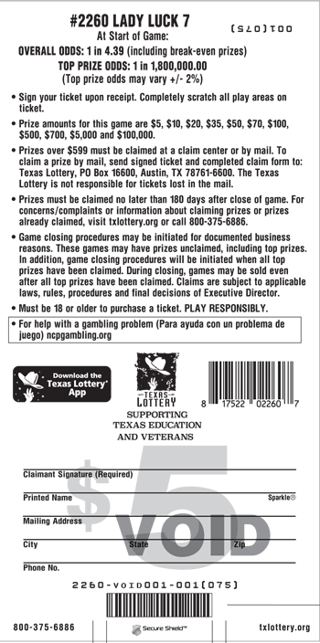 Image of Back of Lady Luck 7 Ticket