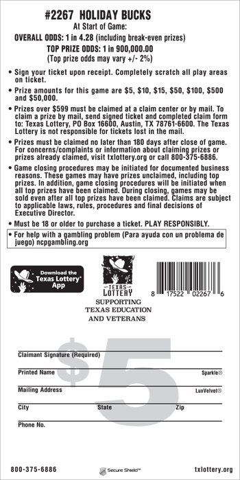 Image of Back of Holiday Bucks Ticket