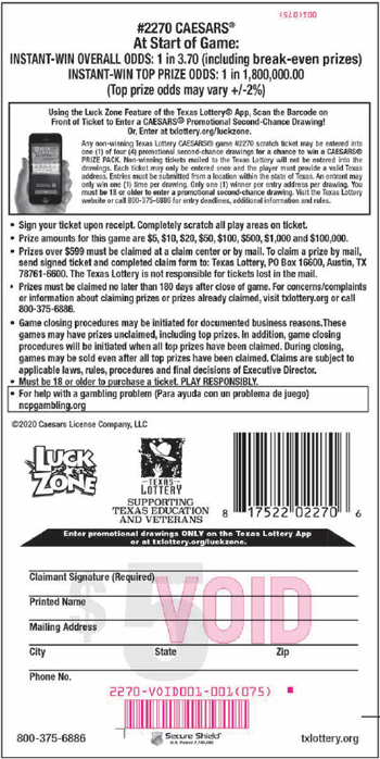 Image of Back of Caesars&reg; Ticket