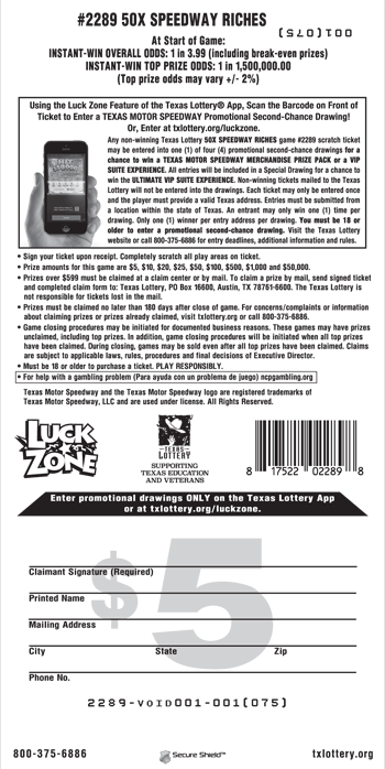 Image of Back of 50X Speedway Riches Ticket