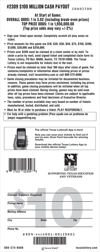 Image of Back of $100 Million Cash Payout Ticket