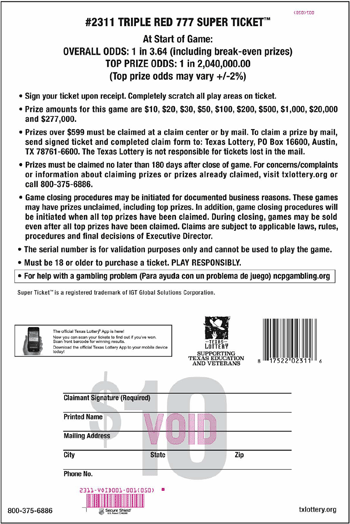 Image of Back of Triple Red 777 Super Ticket™ Ticket