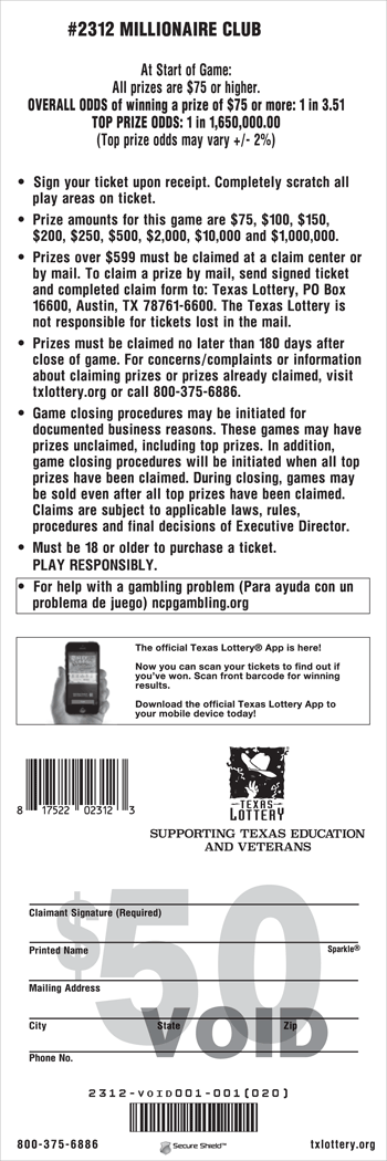 Image of Back of Millionaire Club Ticket