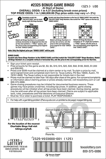 Image of Back of Bonus Game Bingo Ticket