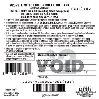 Image of Back of Limited Edition Break the Bank Ticket