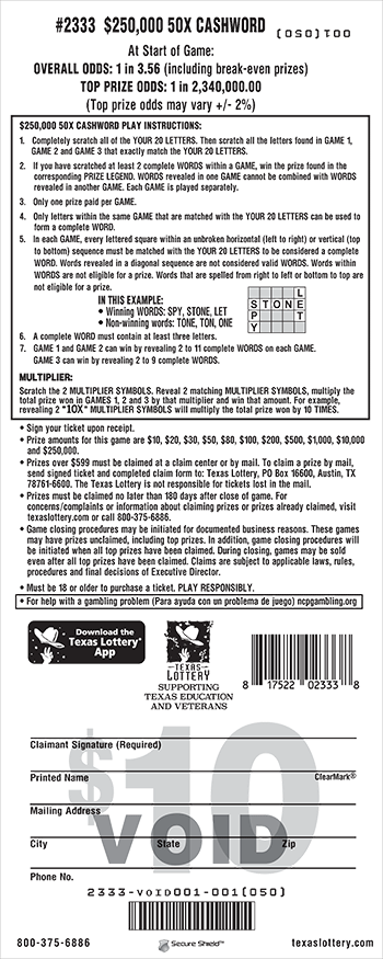 Image of Back of $250,000 50X Cashword Ticket