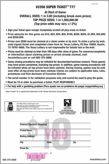 Image of Back of Super Ticket™ 777 Ticket
