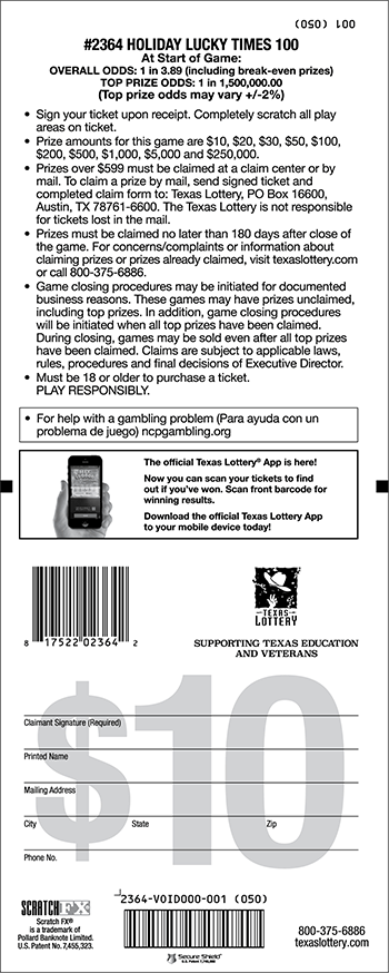 Image of Back of Holiday Lucky Times 100 Ticket