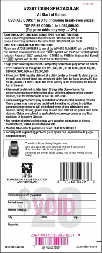 Image of Back of Cash Spectacular Ticket