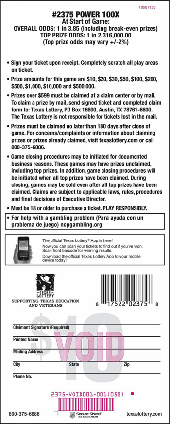 Image of Back of Power 100X Ticket