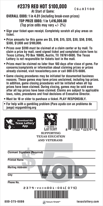 Image of Back of Red Hot $100,000 Ticket